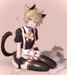  1boy animal_ears apron azulasi black_choker black_dress black_thighhighs blush bucket cat_ears cat_tail choker clothing_cutout collared_dress crossdressing dress frilled_sleeves frills heart heart-shaped_pupils highres kagamine_len looking_at_viewer maid male_focus open_mouth otoko_no_ko puffy_short_sleeves puffy_sleeves red_background ribbon short_hair short_ponytail short_sleeves simple_background sitting solo suggestive_fluid symbol-shaped_pupils tail thighhighs tongue vocaloid white_apron yellow_ribbon 