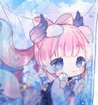  1girl blue_background blue_eyes blue_horns blunt_bangs bow-shaped_hair bubble colored_tips genshin_impact gloves gradient_hair half_gloves horns long_hair lowres multicolored_hair npnpto pink_hair sangonomiya_kokomi solo underwater white_gloves wide_sleeves 