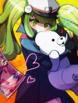  1girl bear_hair_ornament blush covered_mouth cowboy_shot crosshair_pupils danganronpa_(series) danganronpa_another_episode:_ultra_despair_girls green_background green_eyes green_hair hair_ornament hat heart highres jacket long_hair long_sleeves monokuma orange_background peaked_cap photo_(object) purple_jacket revision star_(symbol) symbol-shaped_pupils tongue tongue_out towa_monaca twintails white_hat yellow_background zui_nianshao 