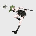  1girl arm_strap black_choker black_dress black_footwear black_gloves boots choker commentary_request dress full_body gloves green_hair highres holding holding_polearm holding_weapon jitome leaning_forward long_hair o-ring o-ring_choker parted_lips pleated_dress polearm purple_eyes side_ponytail single_glove solo sousou_no_frieren spear standing standing_on_one_leg suspenders_hanging thigh_strap ubel_(sousou_no_frieren) weapon yasato83 