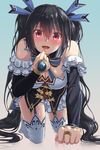  bare_shoulders black_hair blush breasts cleavage commentary_request garter_straps gradient gradient_background highres large_breasts long_hair looking_at_viewer neptune_(series) noire oekakizuki open_mouth red_eyes reflection smile solo thighhighs thighs twintails very_long_hair 