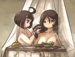  2girls ahoge ahoge_page_(ironlily) bowl breasts brown_hair brushing_another&#039;s_hair brushing_hair cleavage curtains highres ironlily lady_lucerne_(ironlily) long_hair multiple_girls nude ordo_mediare_sisters_(ironlily) short_hair steam wet 
