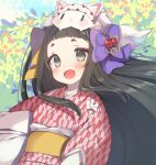  1girl animal_on_head black_hair blue_sky blush bow bush cherry_hair_ornament cloud commentary day eyelashes eyeshadow flower_knot food-themed_hair_ornament fox fox_on_head green_eyes hair_bow hair_ornament hair_ribbon happy highres hime_cut japanese_clothes kimono long_hair long_sleeves looking_at_viewer makeup marimari_(show_by_rock!!) obi on_head open_mouth outdoors purple_bow raised_eyebrows red_eyeshadow red_kimono red_sleeves ribbon sash show_by_rock!! sky smile solo straight_hair upper_body usamata very_long_hair white_bow wide_sleeves yellow_bow yellow_ribbon yellow_sash 