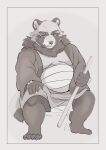 2024 4_toes 5_fingers anthro bandage belly canid canine feet fingers hi_res hysk kemono male mammal moobs overweight overweight_male raccoon_dog sitting solo tanuki toes