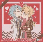  2boys ^_^ ahoge black_gloves black_shirt blonde_hair blue_hair blue_pants blush border box candy chocolate closed_eyes closed_mouth commentary_request cropped_jacket earrings fingerless_gloves food genshin_impact gloves gold_trim green_eyes hair_between_eyes hair_over_shoulder happy_valentine heart heart-shaped_chocolate holding holding_box hug jacket japanese_clothes jewelry kamisato_ayato kimono lapels long_hair long_sleeves looking_at_another low_ponytail male_focus medium_hair mugime_(oretekisunshine) multiple_boys open_clothes open_jacket outline pants parted_bangs ponytail red_background red_border red_jacket seigaiha shirt simple_background sleeves_rolled_up smile standing stud_earrings swept_bangs tassel thoma_(genshin_impact) white_background white_jacket white_outline white_pants wide_sleeves yaoi 
