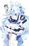  1girl ahoge alternate_costume apron back_bow black_dress blue_bow blue_eyes blue_hair bow commentary cyenmi3 dress enmaided eyelashes feet_out_of_frame frilled_apron frilled_dress frills furina_(genshin_impact) genshin_impact hand_on_own_hip heterochromia highres holding holding_tray juliet_sleeves light_blue_hair long_hair long_sleeves looking_at_viewer maid maid_headdress open_mouth parfait puffy_sleeves signature smile solo thigh_strap tray very_long_hair waist_apron white_apron 