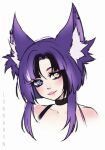  1girl absurdres animal_ear_fluff animal_ears artist_name awful_queen_(vtuber) blush choker fox_ears fox_girl heterochromia highres indie_virtual_youtuber lips looking_at_viewer lunnaryn monster_girl nose portrait purple_hair 