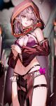  1girl :d bare_shoulders black_choker blurry blurry_background bra breasts candle choker cleavage cowboy_shot detached_sleeves earrings elf enj! fang grey_hair hair_between_eyes highres hood hood_up jewelry looking_at_viewer medium_breasts navel o-ring open_mouth original pelvic_curtain pointy_ears puffy_sleeves purple_bra red_eyes smile solo thigh_strap thighs underwear 