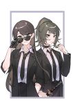  2girls absurdres adjusting_eyewear bang_dream! bang_dream!_it&#039;s_mygo!!!!! black_choker black_gloves black_jacket black_necktie black_pants black_suit brown_hair chinese_commentary choker closed_mouth collared_shirt commentary_request commission earrings gloves green_eyes hand_in_own_hair highres holding holding_sword holding_weapon jacket jewelry katana long_hair looking_at_viewer multiple_girls necktie outside_border pants parted_lips purple_eyes second-party_source shiina_taki shirt suit sunglasses sword tsumalan weapon white_shirt yahata_umiri 