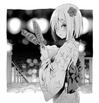  blurry bob_cut bokeh breasts corn cotton_candy cowboy_shot depth_of_field eyebrows eyebrows_visible_through_hair eyelashes flower food greyscale hair_flower hair_ornament hair_over_one_eye hairclip hamakaze_(kantai_collection) hibiscus highres holding holding_food ikayaki japanese_clothes kantai_collection kimono lantern long_sleeves looking_at_viewer medium_breasts monochrome night obi outside_border parted_lips pavement pinakes railing sash short_hair solo summer_festival wide_sleeves yakitoumorokoshi yukata 