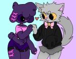 2024 accessory ambiguous_gender anthro blush bottomwear bow_ribbon clothed clothing colored crop_top digital_drawing_(artwork) digital_media_(artwork) domestic_cat duo felid feline felis floppy_ears fur grey_body grey_fur heart_symbol hi_res hoodie izzy_(kawaiikat) kawaiikat lagomorph leporid mammal midriff one_eye_closed paws portrait purple_body purple_fur rabbit shaded shirt shorts simple_background simple_shading skirt smile star tongue tongue_out topwear tuft unknown_artist unknown_character wink