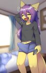 2024 5:8 anthro bed bedroom blurred_background bulge canid canine cellphone clothed clothing digital_media_(artwork) electronics emanata erection erection_under_clothing eyes_closed femboy fox fur furniture hair hand_behind_head hane hi_res holding_cellphone holding_object holding_phone holding_smartphone itsuki_(hane) kemono long_hair male male_anthro mammal morning_wood navel open_mouth phone portrait purple_hair shirt smartphone solo tail teeth three-quarter_portrait tongue topwear underwear waking_up yawn yellow_body yellow_fur