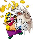  1boy absurdres big_nose brown_hair coin facial_hair gloves gold_coin green_footwear hat highres holding holding_sack motion_lines mustache official_art overalls pointy_ears purple_overalls sack third-party_source tongue tongue_out wario wario_land wario_land:_shake_it! white_gloves yellow_hat 