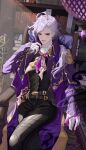 1boy absurdres belt black_fire black_gloves brooch cape collared_cape cross-shaped_pupils crossed_legs edmond_dantes_(fate) epaulettes fate/grand_order fate_(series) fire gloves gradient_hair grey_hair highres jewelry long_hair looking_at_viewer male_focus multicolored_hair purple_cape purple_fire purple_hair red_eyes sitting solo symbol-shaped_pupils the_count_of_monte_cristo_(fate) user_azze4543 wavy_hair 