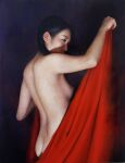  asian ass back black_hair completely_nude flat_chest from_behind highres long_hair naked_towel nmodern nude oil_painting_(medium) original painting_(medium) realistic red_towel towel traditional_media 