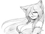  1girl animal_ears camel_(dansen) cleavage female hair_over_one_eye long_hair monochrome neko_majo open_mouth original solo 