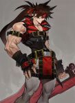  1boy absurdres black_gloves brown_hair cowboy_shot fingerless_gloves gloves grey_background guilty_gear headband highres holding holding_sword holding_weapon long_hair p_(pm_611a) pants red_headband red_vest simple_background sol_badguy solo sword vest weapon white_pants 
