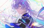  1boy anniversary aqua_eyes black_shirt blue_hair blurry closed_mouth confetti crossed_bangs depth_of_field from_side grey_background hair_between_eyes highres hoshirube_sho koujisako long_hair looking_at_viewer looking_to_the_side male_focus multicolored_hair nijisanji pink_eyes purple_hair shirt smile solo sparkle_print streaked_hair two-tone_eyes upper_body virtual_youtuber 