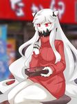  alternate_costume chopsticks commentary_request covering_mouth eating horns kantai_collection long_hair midway_hime nakau obentou pale_skin red_eyes ribbed_sweater sangue_llia shinkaisei-kan sitting solo sweater white_hair white_skin 