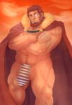  1boy bar_censor bara beard cape censored crossed_arms facial_hair fate/zero fate_(series) flaccid full_beard genta_iwayama highres iskandar_(fate) large_pectorals large_penis large_testicles male_focus mature_male muscular muscular_male naked_cape old old_man one_eye_closed pectorals penis red_eyes red_hair short_hair solo testicle_hair testicles thick_beard thick_navel_hair 