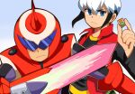  2boys arm_blade armor assault_visor battle_chip black_hair black_shirt blue_eyes commentary_request energy_sword eugene_chaud_(mega_man) helmet highres holding irotoridori2024 looking_at_viewer male_focus mega_man_(series) mega_man_battle_network_(series) multiple_boys netnavi protoman.exe red_armor red_helmet red_vest serious shirt short_hair simple_background sword upper_body vest weapon white_hair 