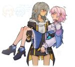  2girls black_gloves black_jacket blue_eyes blush breasts byubiyubi carrying carrying_person closed_mouth collarbone english_text flying_sweatdrops gloves grey_hair hair_between_eyes high_heels honkai:_star_rail honkai_(series) jacket long_sleeves march_7th_(honkai:_star_rail) medium_hair multiple_girls open_mouth pink_eyes pink_hair shirt simple_background smile stelle_(honkai:_star_rail) trailblazer_(honkai:_star_rail) two-tone_eyes white_background white_shirt yellow_eyes yuri 