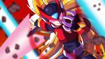  1boy armor blonde_hair blurry blurry_background blurry_foreground cowboy_shot energy_sword fontatoba forehead_jewel glowing glowing_eyes helmet highres holding holding_sword holding_weapon long_hair looking_at_viewer mega_man_(series) mega_man_zero_(series) mega_man_zero_3 omega_(mega_man) purple_eyes red_armor red_background red_helmet solo sword weapon z_saber 