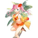  akane_garnet bangs bikini bikini_skirt blue_eyes flower hair_flower hair_ornament hibiscus holding long_hair looking_at_viewer mango navel off_shoulder official_art open_mouth palm_tree pink_hair salt_(salty) sandals smile solo strap_gap swimsuit transparent_background tree twintails uchi_no_hime-sama_ga_ichiban_kawaii 