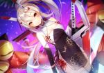  1girl amahara_pekozaemon ayanami_(azur_lane) ayanami_(lunar_demon_god)_(azur_lane) azur_lane bangs blush breasts cleavage commentary_request detached_sleeves dutch_angle eyebrows_visible_through_hair eyes_closed hair_between_eyes hair_ribbon headgear holding holding_sword holding_weapon light_brown_hair long_hair looking_at_viewer medium_breasts ponytail red_ribbon ribbon sidelocks solo sword thighhighs very_long_hair weapon 