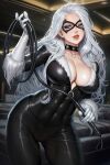  1girl black_bodysuit black_cat_(marvel) black_choker blue_eyes blue_eyeshadow bodysuit breasts choker cleavage contrapposto domino_mask eyeshadow felicia_hardy fur-trimmed_gloves fur_trim gloves highres holding holding_whip huge_breasts licking_lips lips long_hair looking_at_viewer makeup marvel mask neoartcore skin_tight solo spider-man_(series) tongue tongue_out white_gloves white_hair 