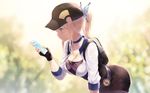  ass backpack bag baseball_cap belt bent_over blonde_hair blue_choker blue_eyes blurry boku_wa_tomodachi_ga_sukunai breasts bug butterfly butterfly_hair_ornament cait cellphone choker cleavage collarbone cosplay depth_of_field female_protagonist_(pokemon_go) female_protagonist_(pokemon_go)_(cosplay) fingerless_gloves gloves hair_ornament hat highres holding insect kashiwazaki_sena long_hair medium_breasts phone pokemon pokemon_go profile shorts sidelocks solo sweat wet wet_clothes 