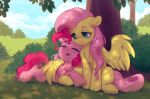  2girls blue_sky blush bush closed_eyes cloud day feathered_wings fluttershy grass green_eyes highres horse long_hair looking_at_another multiple_girls my_little_pony my_little_pony:_friendship_is_magic open_mouth outdoors pegasus pink_fur pink_hair pinkie_pie sky skylight_(ls_skylight) sleeping tree wings yellow_fur yellow_wings 