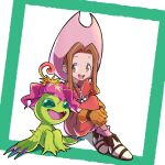  brown_eyes brown_hair child digimon digimon_(creature) digimon_adventure fangs flower highres long_hair monster_girl open_mouth pakotaroh palmon petals plant_girl sharp_teeth tachikawa_mimi teeth 