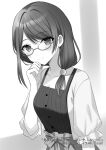  1girl artist_name asymmetrical_sidelocks blush breasts character_request clenched_hand closed_mouth collarbone commentary_request copyright_name copyright_notice danjo_no_yuujou_wa_seiritsu_suru? glasses greyscale hair_tie hand_on_own_chin hand_up head_tilt highres large_breasts long_hair looking_at_viewer looking_to_the_side monochrome novel_illustration official_art parum39 second-party_source semi-rimless_eyewear sidelocks sideways_glance smile solo upper_body 