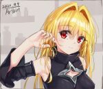  1girl arm_up armpits bare_shoulders black_dress black_sleeves blonde_hair breasts brown_background clothing_cutout commentary_request dated detached_sleeves dress hair_between_eyes hair_intakes hand_in_own_hair highres konjiki_no_yami long_hair looking_at_viewer no_hair_ornament portrait red_eyes sideways_glance signature simple_background solo to_love-ru traveler_(artbbt) 