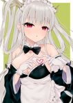  1girl alternate_costume apron azur_lane bare_shoulders black_bow black_bowtie border bow bowtie breasts cleavage collar dragon_girl dragon_horns enmaided gloves green_background hair_on_horn hands_up heart heart_hands horns large_breasts long_hair looking_at_viewer maid maid_headdress nn_nmxo official_alternate_costume outside_border parted_lips red_eyes shimanto_(azur_lane) shimanto_(the_comfy_dragon_god)_(azur_lane) solo waist_apron white_apron white_border white_collar white_gloves white_hair 