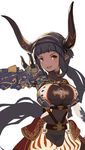  :d bangs belt black_hair black_panties blunt_bangs breasts cleavage cleavage_cutout collarbone colossus_(granblue_fantasy) commentary_request draph granblue_fantasy hairband horns jpeg_artifacts large_breasts long_hair looking_away looking_to_the_side mikasayaki navel official_style open_mouth orange_eyes original panties personification pointy_ears ponytail see-through sidelocks simple_background smile solo turtleneck underwear v-shaped_eyebrows very_long_hair white_background 