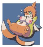 2_tails after_transformation animate_inanimate anthro belly_valve blush breasts cute_fangs elbow_fin featureless_crotch female floatzel flotation_sac generation_4_pokemon glistening glistening_body green_eyes hair human inanimate_transformation inflatable inverted_nipples living_inflatable lying mammal multi_tail nintendo nipples oagoner on_back orange_body pokemon pokemon_(species) sharp_teeth solo steam_lines tail tan_body teeth transformation valve_nipple warning_label