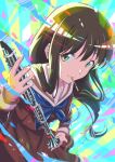  1girl black_hair clarinet gerat0228 green_eyes hibike!_euphonium highres holding holding_instrument instrument long_hair looking_to_the_side mouthpiece school_uniform smile yoshii_sari 