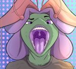absurd_res anthro clothed clothing confusion digital_media_(artwork) elemental_creature female flora_fauna flower hi_res humanoid looking_at_viewer mouth_shot open_mouth oral_vore plant simple_background solo tanya_(greg) teeth tongue tongue_out vore vraze