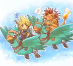  !? 1boy blonde_hair blue_eyes brown_eyes chocobo closed_eyes cloud_strife earrings final_fantasy final_fantasy_vii flame-tipped_tail flying happy jewelry male_focus musical_note open_mouth red_xiii riding shuri_(syurigame) spoken_musical_note 