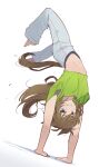  1girl alternate_costume arms_up barefoot brown_hair commentary crop_top green_eyes green_shirt grey_pants grin handstand highres long_hair looking_at_viewer midriff mr._c.b._(umamusume) mukakin navel pants shirt short_sleeves simple_background smile solo stomach tail umamusume white_background 