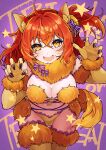  1girl ahoge animal_ears blush breasts chaldea_logo claw_pose cosplay elbow_gloves fate/grand_order fate_(series) fujimaru_ritsuka_(female) fur-trimmed_gloves fur-trimmed_legwear fur_bikini fur_collar fur_trim gloves hair_between_eyes hair_ornament hair_scrunchie highres ichino_tomizuki large_breasts looking_at_viewer mash_kyrielight mash_kyrielight_(dangerous_beast) mash_kyrielight_(dangerous_beast)_(cosplay) navel one_side_up open_mouth orange_eyes orange_hair revealing_clothes scrunchie short_hair side_ponytail solo thighhighs wolf_ears yellow_scrunchie 