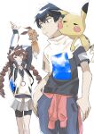  &gt;_&lt; 1boy 1girl absurdres bike_shorts black_eyes black_hair brown_hair closed_mouth clothes_around_waist donnpati eevee gotcha! gotcha!_boy_(pokemon) gotcha!_girl_(pokemon) grin highres jacket long_hair multi-tied_hair on_shoulder pants pikachu pokemon pokemon_(creature) pokemon_on_shoulder shirt short_hair short_sleeves skirt smile stretching teeth twintails white_background zipper 