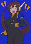  ! !! 1girl absurdres aile_(mega_man_zx) black_bodysuit blue_jacket blush bodysuit bodysuit_under_clothes breasts breath brown_hair buzzlyears clenched_hands commentary covered_navel covered_nipples cowboy_shot cropped_jacket english_commentary faux_traditional_media green_eyes highres jacket large_breasts long_hair looking_at_viewer mega_man_(series) mega_man_zx mega_man_zx_advent open_clothes open_jacket open_mouth ponytail sharp_teeth solo teeth upper_teeth_only 
