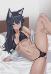  1girl animal_ears arknights bare_shoulders black_bra black_hair black_panties bra commentary highres indoors leg_up long_hair looking_at_viewer navel off_shoulder orange_eyes panties shirt siguya solo stomach texas_(arknights) thighs underwear white_shirt wolf_ears 