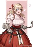  1girl :d absurdres blonde_hair blue_eyes blush bow breasts commentary cowboy_shot deliciousbrain drill_hair hair_bow high-waist_skirt highres holding holding_weapon juliet_sleeves large_breasts long_hair long_sleeves looking_at_viewer open_mouth puffy_sleeves red_bow red_skirt scarlett_(unicorn_overlord) skirt smile solo standing sweater turtleneck turtleneck_sweater unicorn_overlord vambraces weapon white_sweater 