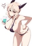  1girl anger_vein artoria_pendragon_(fate) artoria_pendragon_(lancer_alter)_(fate) bare_shoulders bikini black_bikini blonde_hair blush braid breasts cleavage collarbone cup drinking_straw fate/grand_order fate_(series) french_braid hair_between_eyes highres horns large_breasts leaning_forward long_hair looking_at_viewer murio navel sidelocks solo swimsuit thighs yellow_eyes 