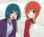  :d blush buratei_marii car car_interior car_seat glasses green_hair grin ground_vehicle japanese_clothes joshiraku kimono kuurubiyuutei_gankyou long_hair looking_at_viewer motor_vehicle multiple_girls open_mouth red_hair short_hair smile youkan 