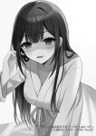  1girl artist_name bathrobe bent_over blush breasts cleavage collarbone commentary_request copyright_name copyright_notice danjo_no_yuujou_wa_seiritsu_suru? enomoto_rion greyscale hand_in_own_hair hand_up highres large_breasts long_hair looking_at_viewer monochrome novel_illustration official_art open_mouth parum39 second-party_source shaded_face sidelocks smile tucking_hair 